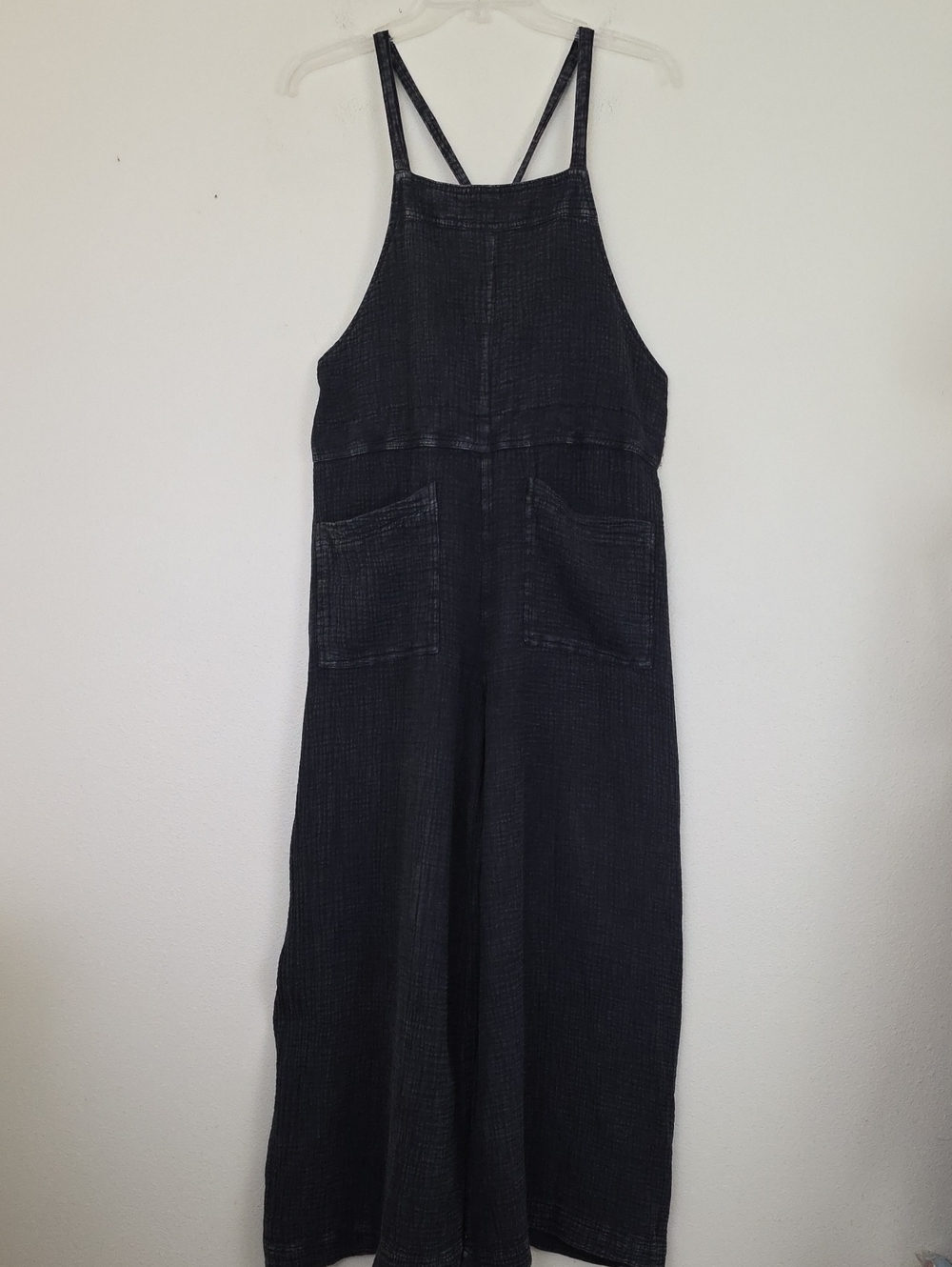 Easel Overalls Black Crinkle Faded Cotton Boho Wide Leg   Jumpsuit M
